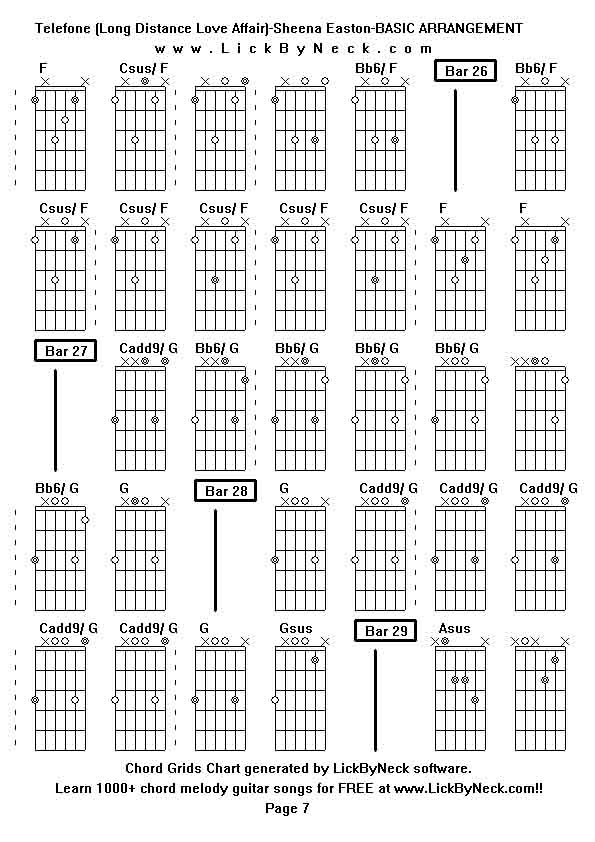 Chord Grids Chart of chord melody fingerstyle guitar song-Telefone (Long Distance Love Affair)-Sheena Easton-BASIC ARRANGEMENT,generated by LickByNeck software.